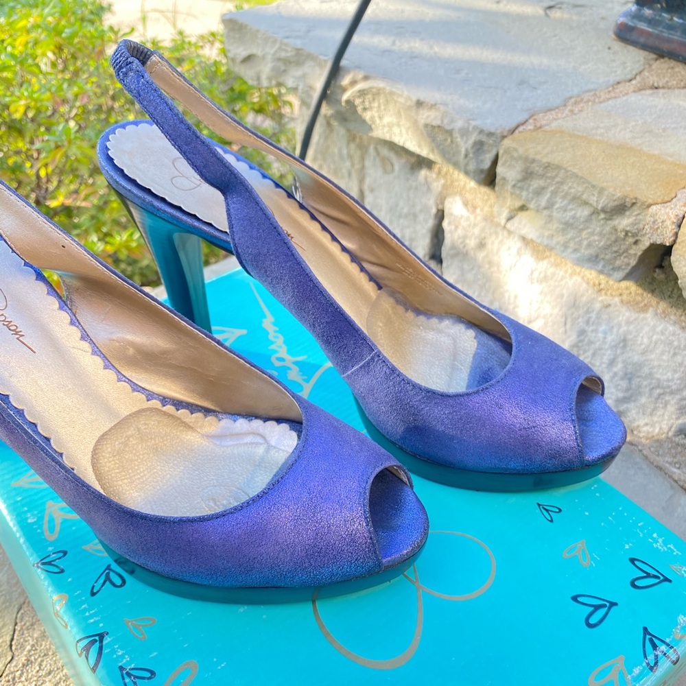 Jessica Simpson Blue Metallic Slingback Platforms in 9.5 Medium